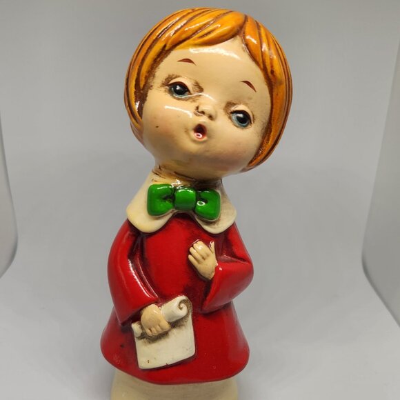 Vintage Christmas Chalk Ware Caroler Red Smock Made in Japan New in Box - Picture 1 of 8